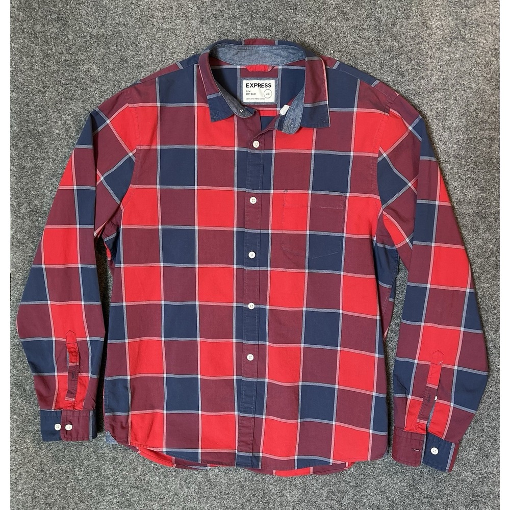 Express Slim Fit Soft Wash Long Sleeve Blue/red Plaid -Men's Size Large